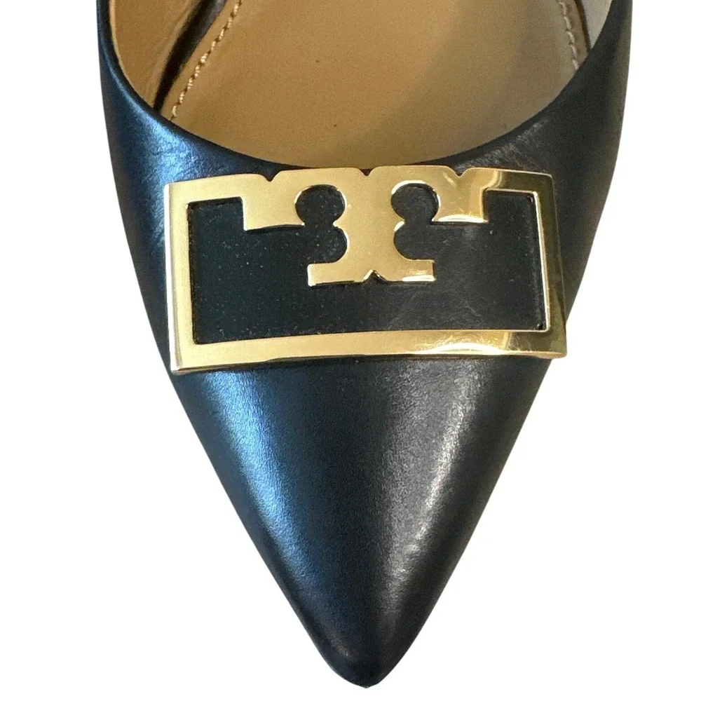 Tory Burch Gigi 55mm Wedge Pumps Black Leather Gold Logo Size 7.5